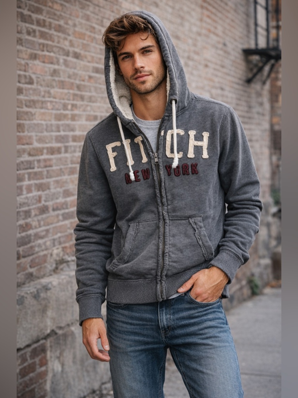 VTG Y2K A&F Gray Full Zip Large Muscle Thermal Hoodie Distressed Raised Applique